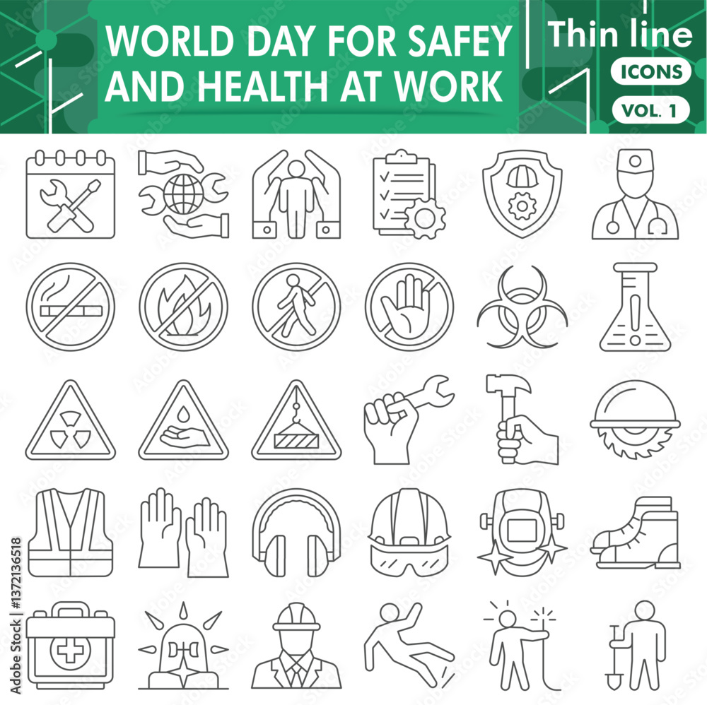 Fototapeta premium Safety and health at work symbols collection or sketches. world labor day bar theme icons in thin line style signs for web and app. Vector graphics isolated on white background.