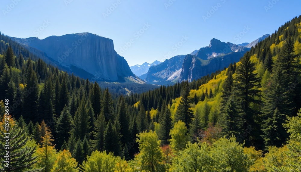 Fototapeta premium Autumnal Embrace: Golden Aspens Frame Majestic Rocky Mountain Valley