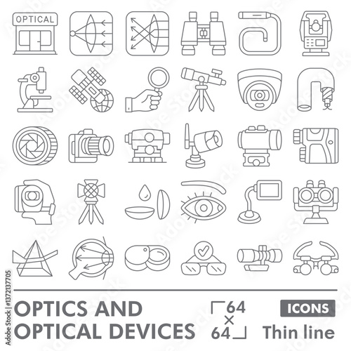 Optical instruments symbols collection or sketches. optics theme icons in thin line style signs for web and app. Vector graphics isolated on white background.