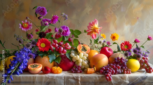 A still life composition of ripe fruits and colorful flowers arranged artfully on a table, celebrating the aesthetic beauty of everyday objects and natural elements.