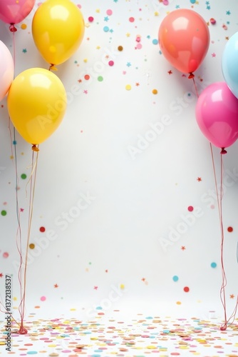 Festive birthday background with balloons and confetti on white backdrop, decoration, celebrate, festive
