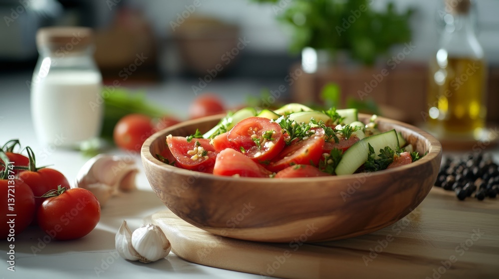 Beautiful photorealistic italian salad with fresh ingredients in a charming kitchen setting Beautiful photorealistic italian salad with fresh ingredients in a charming kitchen setting