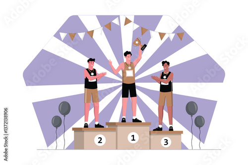 Athletes celebrate victory on podium with trophy