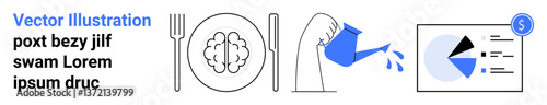 Brain on a plate with cutlery, watering can nurturing growth, and financial charts for productivity concept. Ideal for business strategy, growth mindset, resource planning, learning, financial
