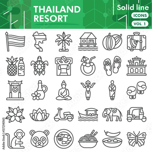 Thailand resort symbols collection or sketches. travel theme icons in line style signs for web and app. Vector graphics isolated on white background.