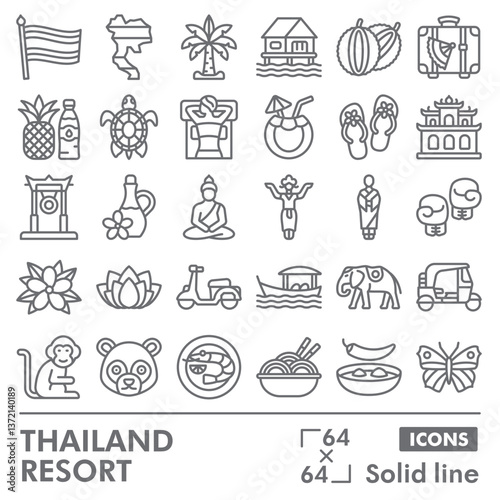 Thailand resort symbols collection or sketches. travel theme icons in line style signs for web and app. Vector graphics isolated on white background.