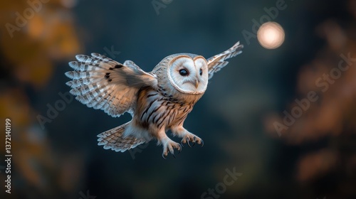 Owl in flight, dramatic bokeh