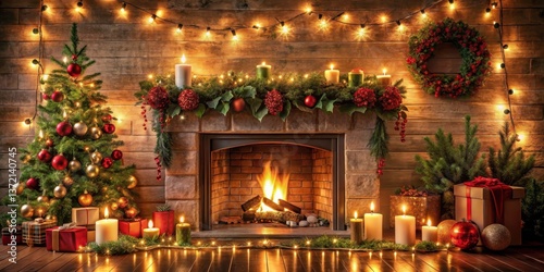 Obraz na płótnie Warm and inviting winter scene with a crackling fireplace surrounded by festive decorations such as garlands and ornaments w salonie