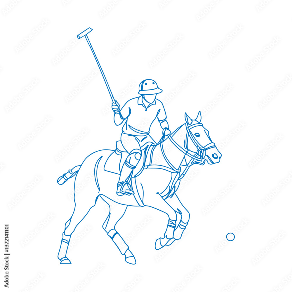 Fototapeta premium Focused Polo Player Leaning Forward Swinging Mallet on Galloping Horse Vintage Line Art