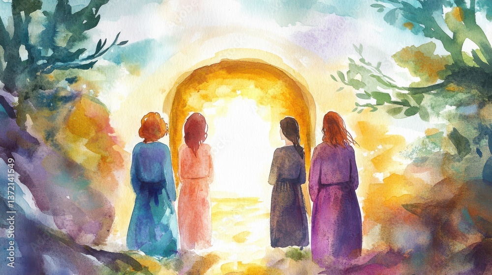 Obraz premium Three women standing before open entrance of empty tomb, vibrant watercolor Easter illustration illustration