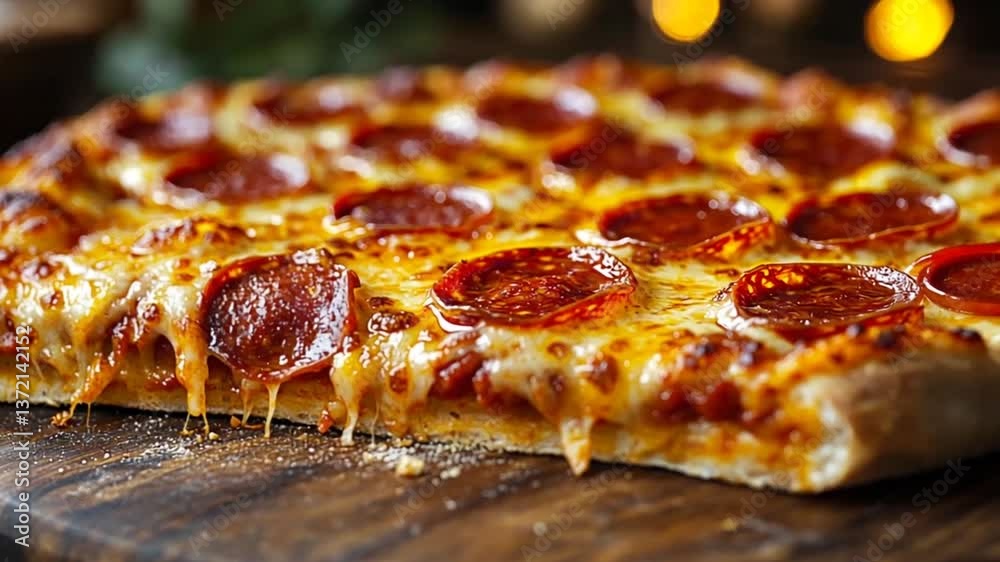 Close-up of a delicious pepperoni pizza slice on a wooden board. Use Stock photo for food delivery apps, restaurants, pizza shops