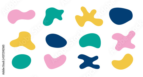 Organic blob shapes  in boho style.  Set of twelve colorful, irregular amoeba blob shapes isolated on transparent background. Vector graphic design element