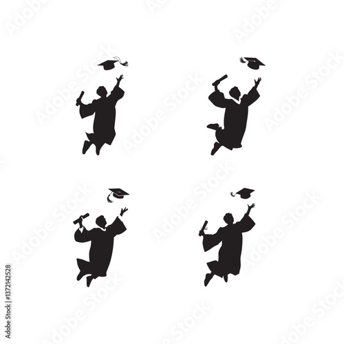  Black Silhouette of a Jumping Graduate Celebrating Success – Graduation Vector Icon, Jumping Graduate Silhouette