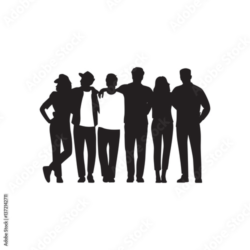 Black Silhouette of a Group of Friends Standing Together in a Casual Pose, Group of Friends Silhouette

