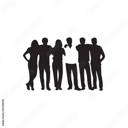 Black Silhouette of a Group of Friends Standing Together in a Casual Pose, Group of Friends Silhouette

