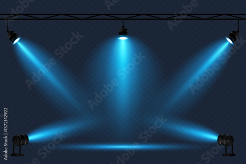 Set of spotlights for stage lighting, concerts. Lighting with neon spotlights. Vector.