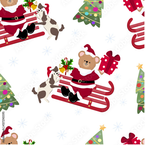 A cute teddy bear dressed as Santa Claus sits on a sled and holds a gift box and a holly branch with a bell in his paws. A dog in a red hat stands behind the sleigh.