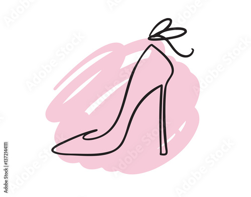 Hand drawn line beautiful woman shoe with high heel. Fashion illustration for girl sketch, shopping label or shoe store logo