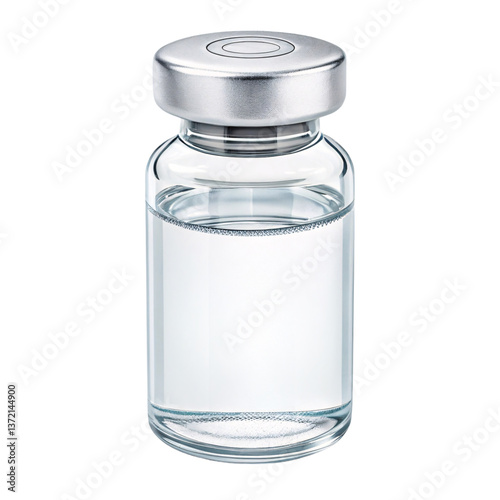 Clear Glass Vial with Aluminum Cap, Containing Clear Liquid, on White Background