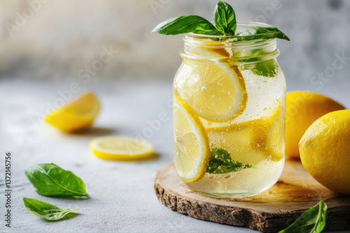 Sparkling lemon water with fresh basil in mason jar. Refreshing detox drink.   