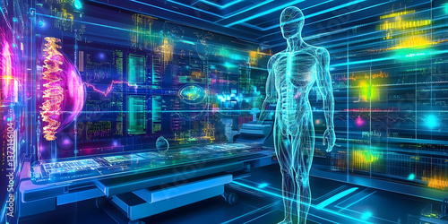 A glowing futuristic AI-powered personalized medicine system, featuring cybernetic real-time genetic diagnostics pathways, pulsating holographic patient-specific treatment grids, and swirling