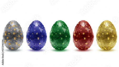 colorful gemstones on white background.A set of colorful Easter egg-shaped jewels. Diamonds, sapphires, rubies, emeralds and yellow diamonds. Recommended for luxury, glamorous decorations.
