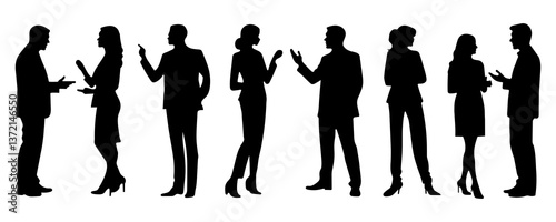 Businesspeople silhouette. Business people silhouette engaged in conversation and networking. Businesspeople are standing and having a discussion.