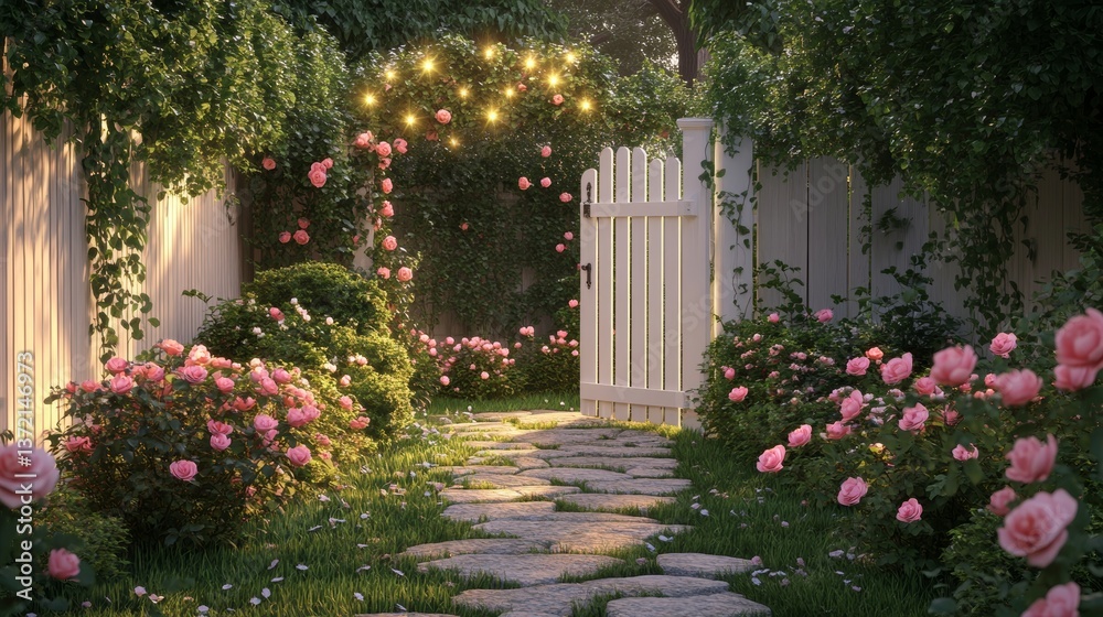 Fototapeta premium Charming twilight scene romantic american front yard with stone pathway and fairy lights