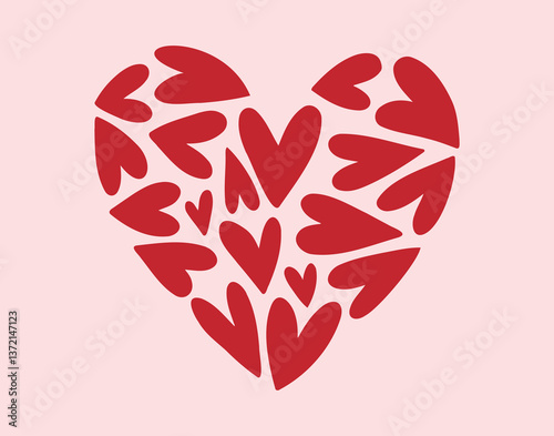 Red heart flat valentine love sign. Trendy heart doodle hand drawn icon. A heart of many little hearts clipart symbol
