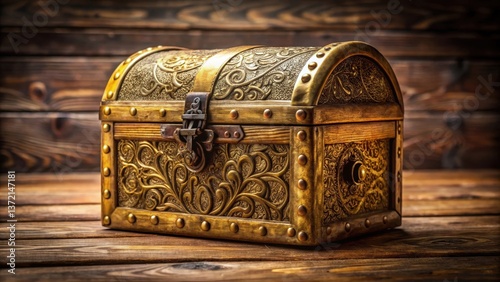 Vintage gold treasure chest with intricate carvings and a worn wooden lid on a rustic wooden table , gold, weathered,  gold