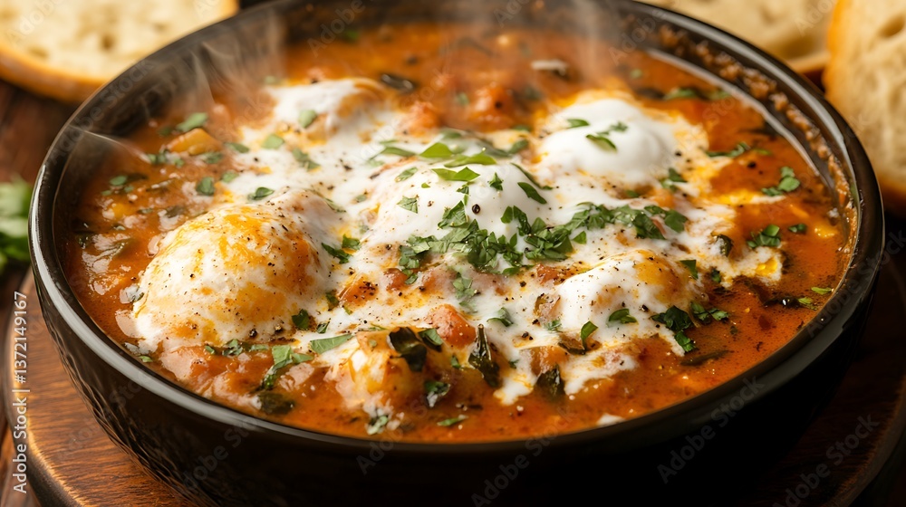 A steaming bowl of shakshuka is ready for consumption A steaming bowl of shakshuka is ready for consumption