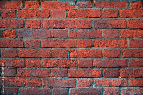 Traditional red brick wall, displaying a weathered and textured surface 5 photo