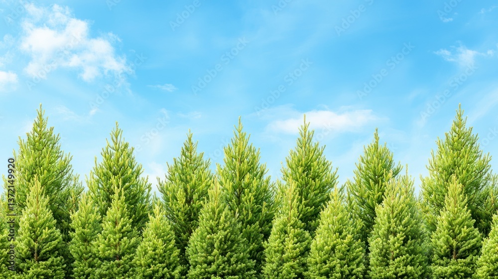 A row of vibrant green evergreen trees stand tall against a bright blue sky with fluffy white clouds. A row of vibrant green evergreen trees stand tall against a bright blue sky with fluffy white clouds.