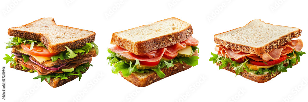 Set of Overhead shot of a fresh toasted sandwich with ham, cheese, tomatoes, and crisp lettuce on transparent png background Set of Overhead shot of a fresh toasted sandwich with ham, cheese, tomatoes, and crisp lettuce on transparent png background