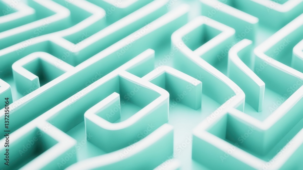 A modern maze design in white on a mint green background, highlighting geometric patterns and a sense of challenge. illustration A modern maze design in white on a mint green background, highlighting geometric patterns and a sense of challenge. illustration