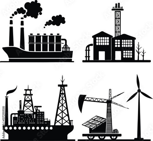Big Industry Silhouette Icon Set – Factory, Manufacturing, Industrial Vector Illustration