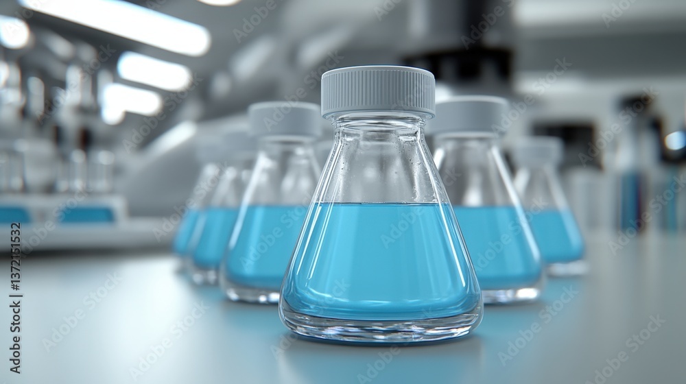Laboratory Flasks with Blue Liquid in Modern Science Setting Laboratory Flasks with Blue Liquid in Modern Science Setting
