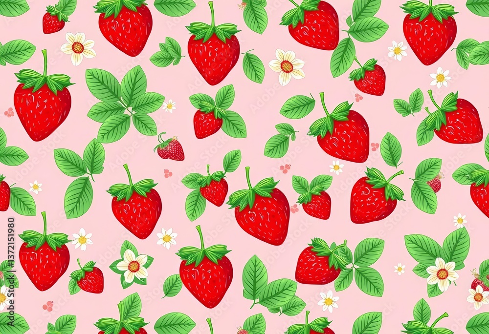 Seamless vector pattern of cute strawberries, green leaves, and flowers on a pink background, background, garden Seamless vector pattern of cute strawberries, green leaves, and flowers on a pink background, background, garden