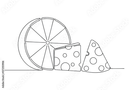 Minimalist continuous line drawing of cheese wheel and Swiss cheese wedge with geometric simplicity

