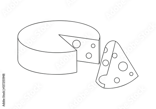Minimalist continuous line drawing of cheese wheel and Swiss cheese wedge with geometric simplicity

