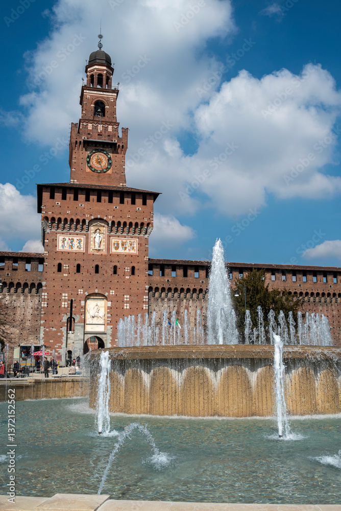 Aerial view of Castello Sforzesco (Sforza's Castle) details of the medieval fortification located in Milan, northern Italy. It was built in the 15th century by duke Francesco Sforza