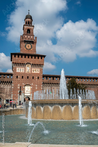 Obraz na płótnie Aerial view of Castello Sforzesco (Sforza's Castle) details of the medieval fortification located in Milan, northern Italy. It was built in the 15th century by duke Francesco Sforza w salonie