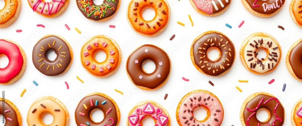 Fototapeta premium Seamless donut pattern, various toppings, white background, pastel, delicious