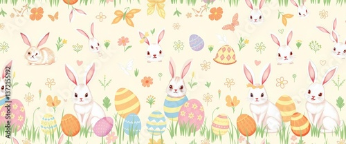 Seamless Easter pattern featuring playful rabbits and eggs Pastel colors, perfect for spring designs, festive, spring