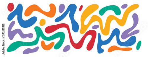 Retro groovy hippie 60s 70s abstract shapes set. Fluid organic shape colorful blobs, wavy doodle stripes inscribed. Bold hand drawn lines, spots. 