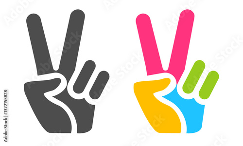 Vector set icons of colorful hand and peace symbols. Hand and two fingers are like peace symbol.