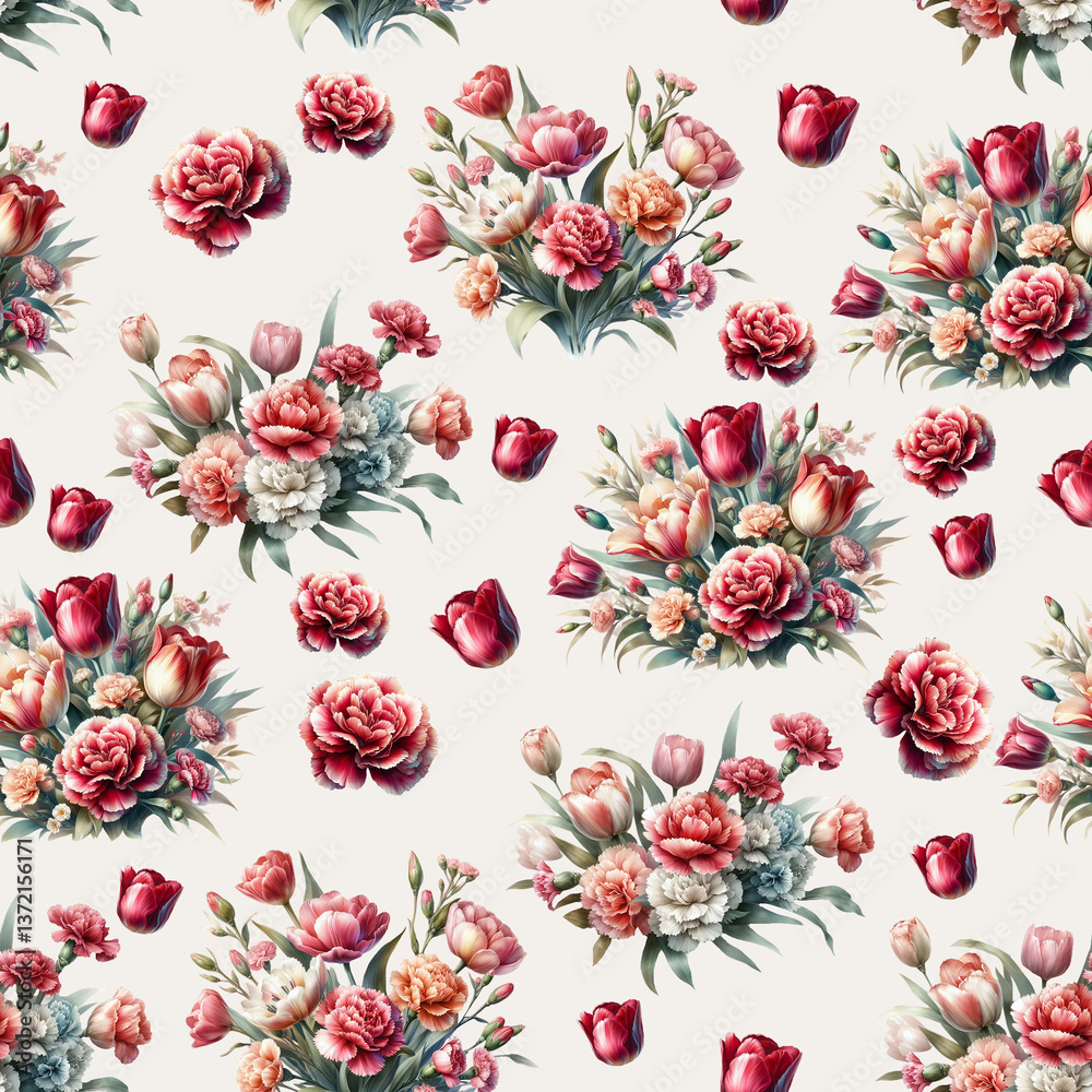 Seamless pattern with flowers and leaves. floral pattern for wallpaper or fabric. Floral tulips, carnations. Botanical tile. illustration for decoration, wallpaper, cover, banner, poster, postcard