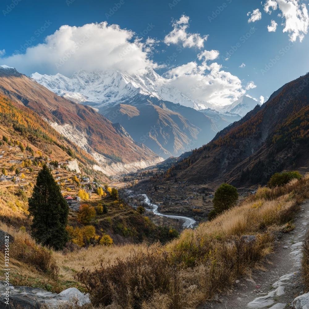 Panoramic view of Manang valley and Annapurna mountains. Panoramic view of Manang valley and Annapurna mountains.