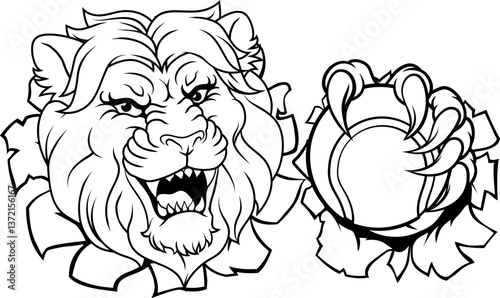A lion with a tennis ball sports team animal cartoon mascot