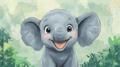 Adorable baby elephant calf smiling happily illustration
